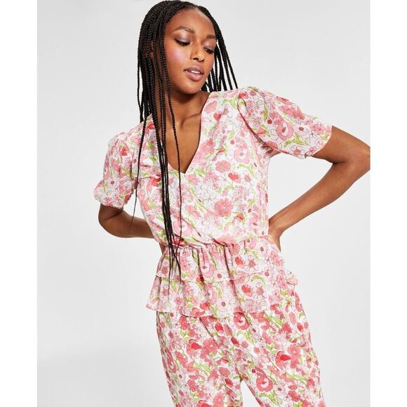 Bar III Printed Puff Sleeve Peplum Top Floral Dot 2XL - Picture 1 of 3